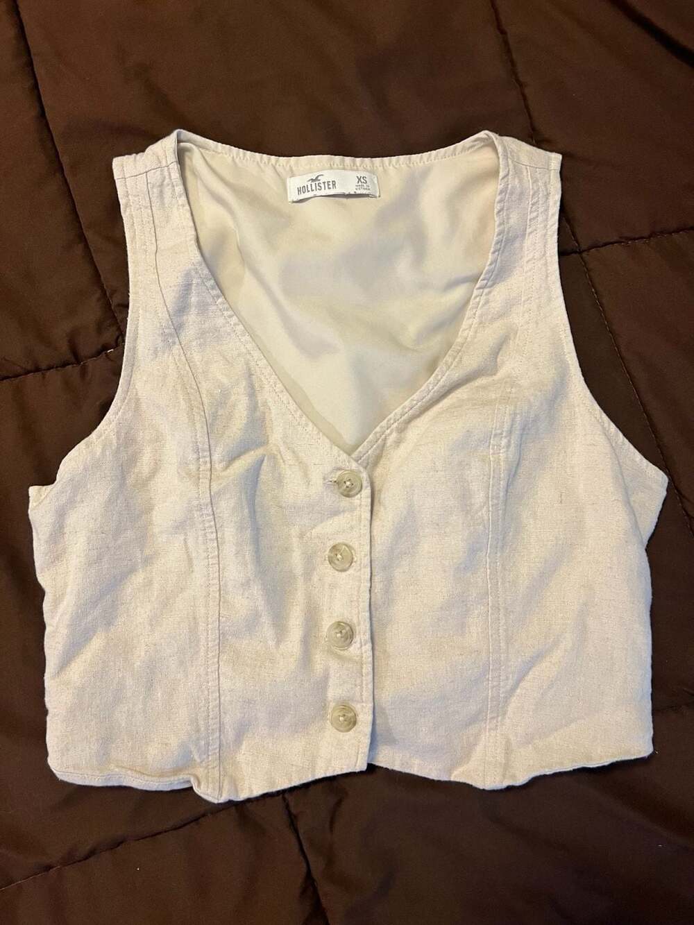 Hollister Linen-Blend Button-Up Cropped Vest Cream Size XS
